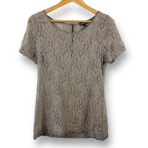 Express‎ Womens Size L Short Sleeve All Over Lace Blouse Tan With Exposed Zipper